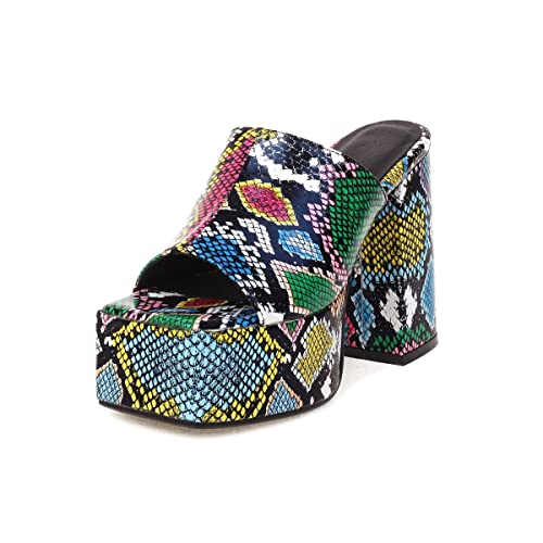 Hayvchoii Womens Chunky High Platform Heel Mules Square Peep Toe Slide Casual Sandals Modern Walking Clog Shoes Size 6 Snake Print #TOP24