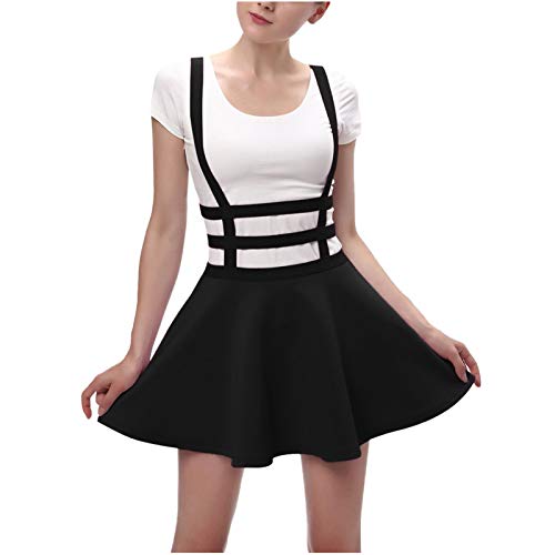 Qiteee Women s Pleated Skirt Elastic Waist Fashion A-Line Suspender Brace Skirt Dress School Skirt for Girls Women Black,M