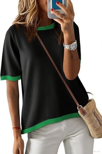 Image of Womens Short Sleeve Striped Color Block Crew Neck Sweater Shirt Lightweight Cotton Casual Summer Pullover Tops