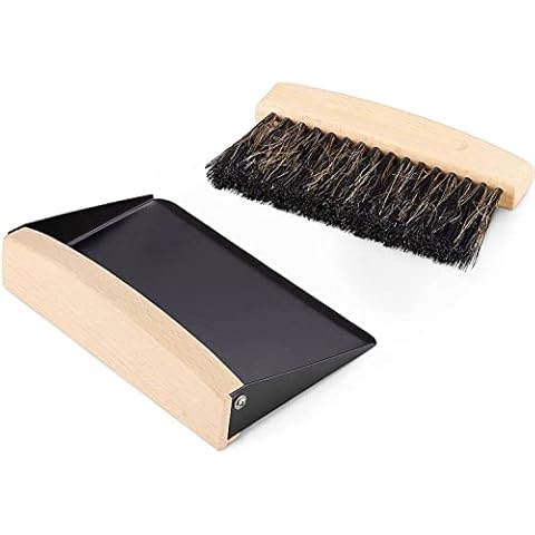 OAKART Mini Metal Dustpan and Brush Set for Sweeping Crumbs Fireplace, Natural Table Sweeper Combo Black Horsehair Cover