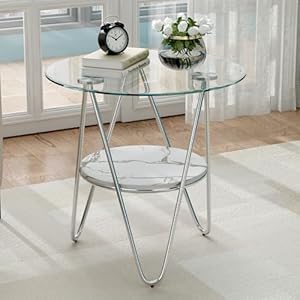 ASYA Glass End Table with Storage, 2-Tier Round Side Table with Tempered Glass & Metal Frame, Living Room End Table for Small Space (Faux Marble)