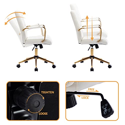 Duhome Pu Leather Home Office Desk Chairs, Modern Gold Task Chair With Wheels For Office, Swivel Adjustable Computer Chair With Armrest And Gold Base White #TOP3