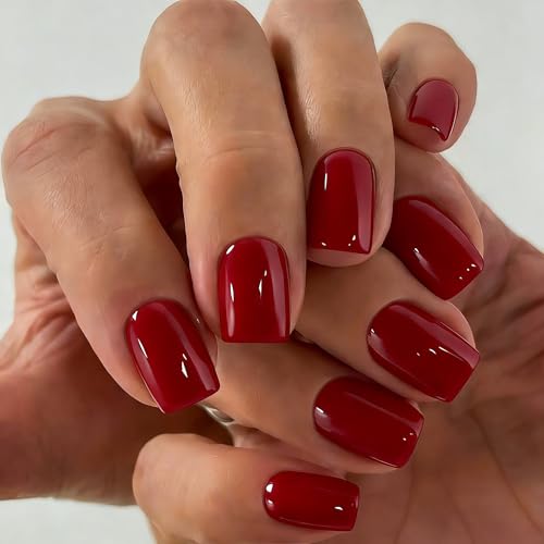 SXVME Press On Nails Short - Light Red False Nails Square 30 Pcs 15 Sizes Thick Natural Short Fake Nails Press ons Reusable Opaque Glossy Gel Artificial Nail Set for Everyday Office Wear