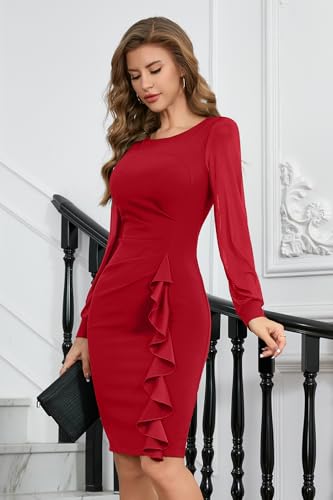 Image of IHOT 2026 Women's Long Sheer Sleeve Ruched Sheath Bodycon Cocktail Party Work Dress