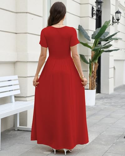 Image of COSSEN Women's Crew Neck Short Sleeve Maxi Dress with Pockets Casual Loose Swing for Wedding Guest Beach Vacation