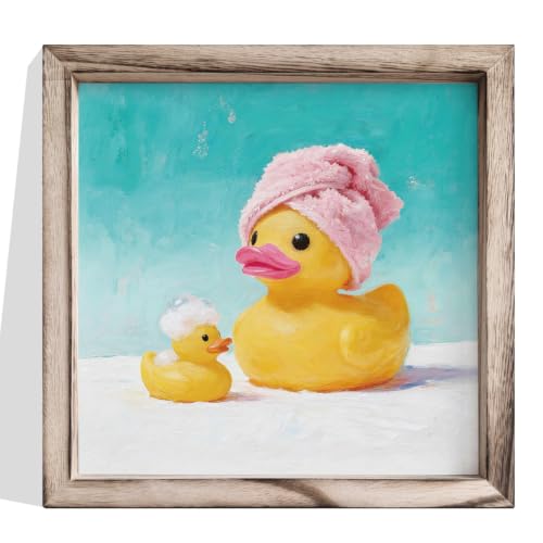 Yellow Rubber Duck Bathroom Sign, Pink Towel Wood Framed Farmhouse Decor