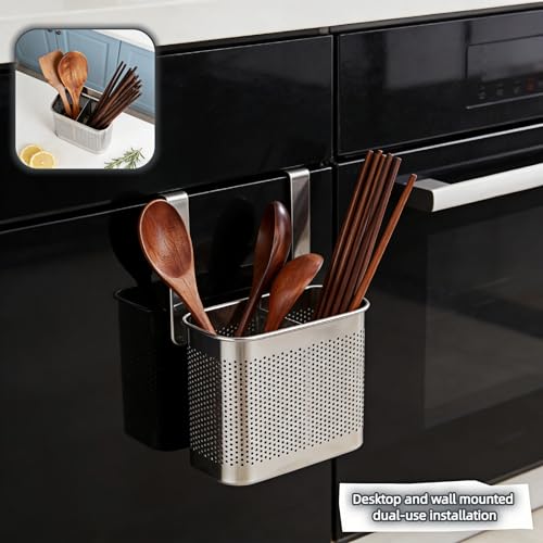 SAYUANVA Stainless Steel Kitchen Utensil Holder with Hooks, 2-Tier Stainless Steel 304 Utensil Holder,Rustproof Heavy Duty Dish Drainer for Kitchen Sink Countertop,5.51x4.33x2.76 Inch