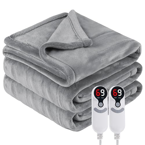 Eydna Electric Heated Blanket Queen Size 84"x90", Soft Plush Microplush for Bed, Dual Controllers & Dual Heating Zones, 1-10 Hours Auto Off & 9 Heating Levels, Machine Washable, Gifts for Womens-Gray