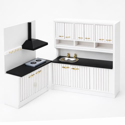 1/12 Scale Doll House Kitchen Cabinet - Miniature Mini Table with Stove Sink Cabinet Mini Wooden Dining Room Furniture Accessories Decoration for Dollhouse Accessory