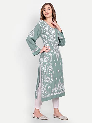 Image of indiankala4u Women's Hand Embroidered Chikankari Kurta for Women | Modal Cotton Straight Kurti | Lucknowi Chikan Work Ethnic Kurta | Full Sleeve Festive Office Wear