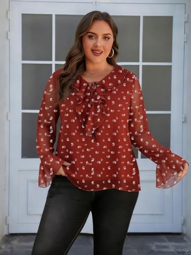 Charming Ashley Plus Size Floral Blouse for Women with Long Sleeve Ruffled Collar V Neck Tie Casual Top for Summer Spring Red — view 4