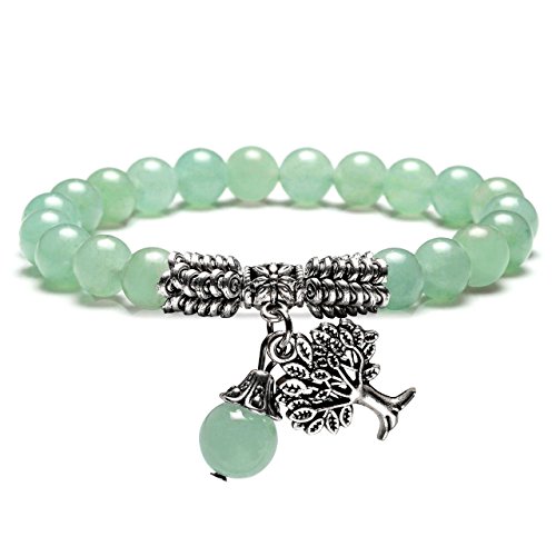 Jovivi 8MM Green Aventurine Natural Gemstone Healing Crystal Tree of Life Lucky Charm Stretch Bracelet