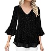 Sequin Tops for Women UK - Sparkly Elegant Blouses, 3/4 Flared Sleeve V Neck Tunic Top, Ladies Loose Double Layers Mesh Shirts, Glitter Casual Baggy Tee, Evening Party Club Cocktail Black #1