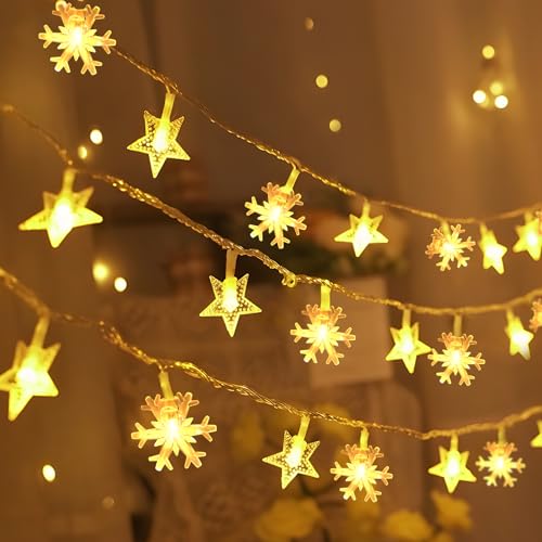 Aubess Lichterkette Sterne, 6M 40 LED Schneeflocke Lichterketten, Fünfzackiger Stern Batteriebetriebene Lichterkette, Weihnachtsdeko Lichterkette für Hochzeit, Schlafzimmer, Geburtstag, Warmes Licht