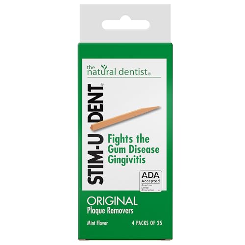 The Natural Dentist Stim-U-Dent Mint Dental Picks, Wooden Toothpicks for Food & Plaque Removal, Travel-Friendly, 4 Packs of 25 (100 Picks)