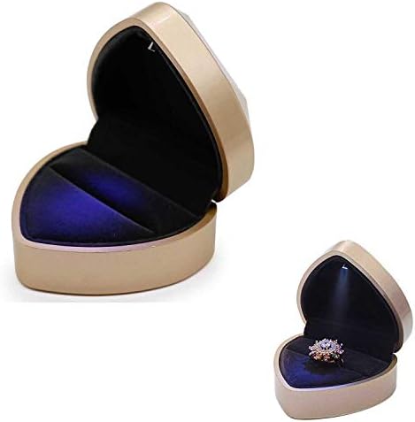 Ring Box, Heart Shape Velvet Wedding Ring Jewelry Box with LED Light for Proposal Engagement, Champagne image 5