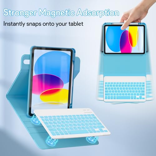Image of YBING Keyboard Case for iPad 10th Gen 10.9 inch (2022) & 11th Gen (A16, 2025), 7-Color Backlit Detachable Keypad & Rotatable Magnetic Case with Pencil Holder (Blue)
