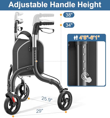 Image of HOMLAND Foldable 3 Wheel Walkers for Seniors, Lightweight Aluminum Frame