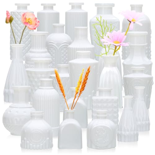 Brajttt Bud Vase Set of 25, White Vases, Glass Bud Vases in Bulk, Small Vases for Mini Flower Vase Set, Cute Vintage Glass Vases Set for Flower,Wedding,Home,Centerpiece Table Decorations