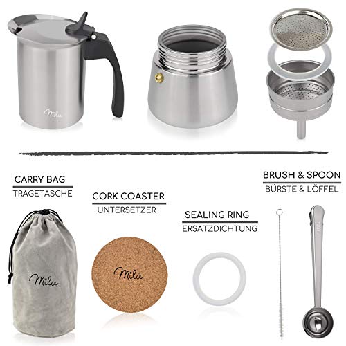 Milu Cafetera Italiana (2 Tazas sin inducción) | 2, 4, 6, 9 Tazas | Cafetera Moka de Acero Inox, Expresso Maker - Set… - Imagen 4