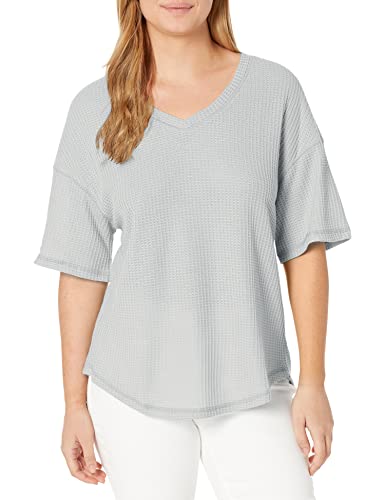 Merokeety Womens Half Sleeve V Neck Tops Waffle Drop Shoulder Batwing Pullover Blouse Tops Lightgrey #TOP22