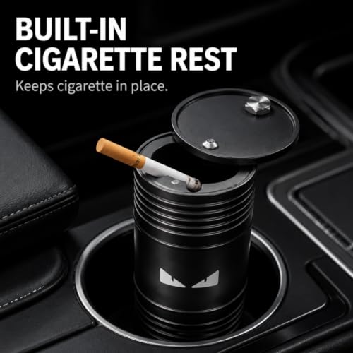 Image of Car Ashtray with Lid Smell Proof Ash Tray, Portable ashtray for car cup holder (Black, Angry Eyes)