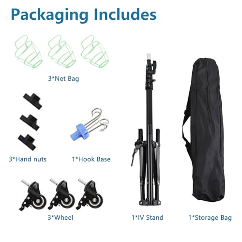 Verstellbarer Infusionsständer mit Rollen, Höhenverstellbar 90-190cm, Faltbare IV-Stange mit 4 Haken, 3 Netztaschen & 1 Aufbewahrungstasche, Tragbarer Mobiler IV-Ständer für Krankenhaus & Hauspflege