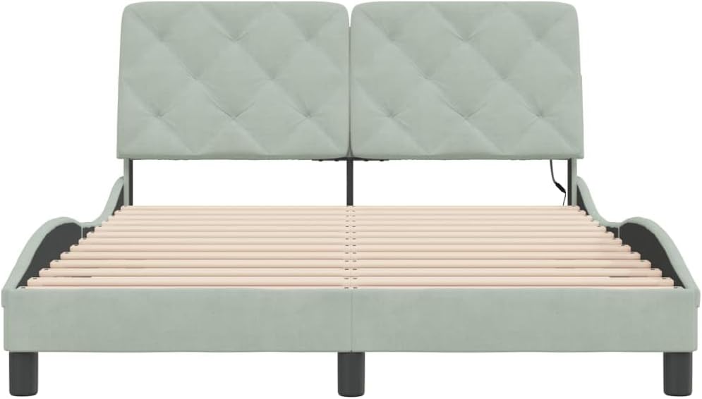 Bed Frame with LED Light Gray Velvet Upholstery 53.9"x74.8" Platform Bed with Sturdy Slatted Foundation and Headboard for Modern Bedroom Furniture