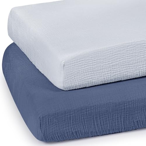 Image of lulumoon Baby Muslin Crib Sheets - Toddler Cotton Fitted Crib Sheets Neutral for Boys and Girls 2Pack, Navy & Mist Blue