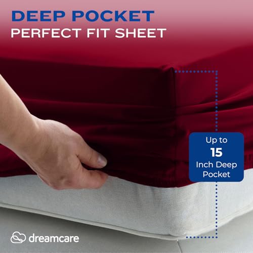 Image of DREAMCARE Full Size Sheets - Cooling Sheets - 4pcs Set - up to 15 inch Deep Pocket Full Sheet Set - Sheets Full Size Bed - Soft & Long Lasting 100% Fine Brushed Polyester with Side Pocket - Burgundy