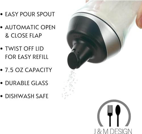 J&M DESIGN 2-Pack Sugar Dispenser with Pour Spout For Coffee Bar Accessories Tea Organizer Station Essentials Coffee Gifts & Kitchen Baking Easy Spoon Pouring Shaker Lid 7.5oz Glass Jar Container Bowl