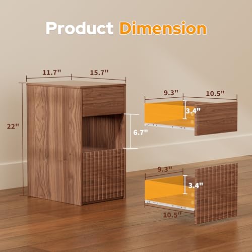 Image of Eongdon Fluted Nightstand Set of 2, Mid Century Modern End Table with 2 Drawers and Open Storage, 11.7 inch W Narrow Bedside Table Organizer, Wood-Like Walnut Finish Compact Night Stand for Bedroom, Sofa