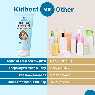 HealthBest Kids Hair Styling Gel for Boys & Girls (Daily Use) with Non Toxic Organic Argan Oil, Drumstick Tree Oil & Kertine, Hair Growth, Damaged Hair, Tear, Paraben, SLS free, 50ml