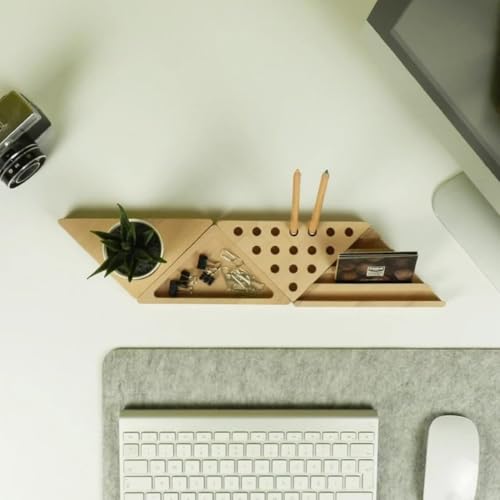 Image of Wooden Desk Organizer with Phone Stand, Multi-Compartment Stationery Holder, Natural Wood Finish (STYLE-6)