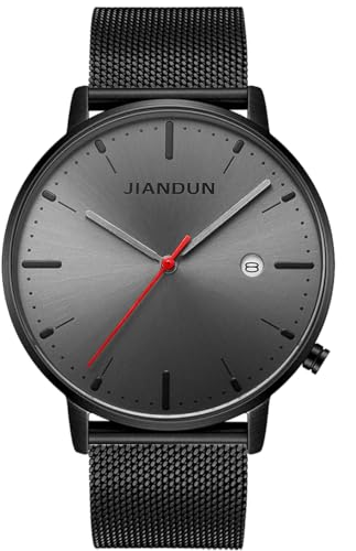 Image of JIANDUN Mens Ultra-Thin Minimalist Wrist Watches for Men Dress Stainless Steel Mesh Band Waterproof(Black - Black face red Second)