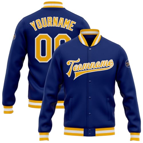 Personalized Varsity Baseball Jackets Blue White and Yellow for Men Women Youth Boys Girls, Customized Letterman Bomber Coats Team Uniforms Printed/Stitched Patches Name, Button and Pockets Design