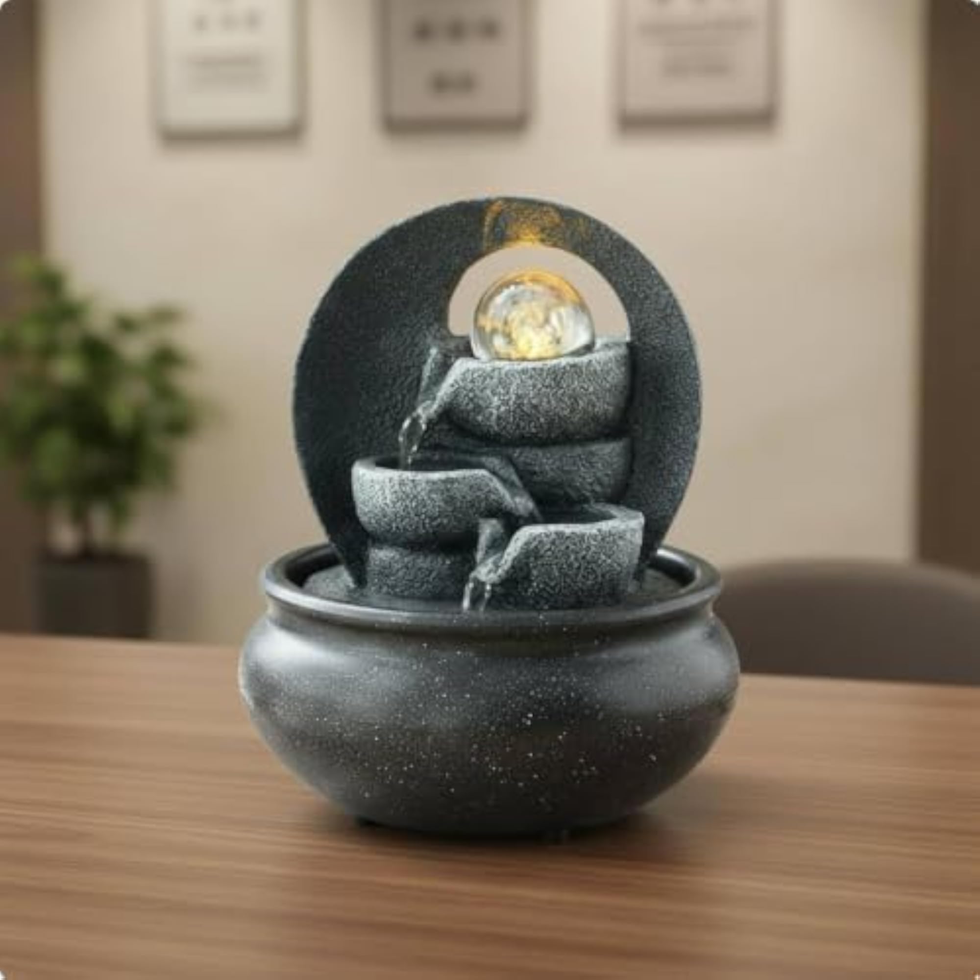 Compact Indoor Water Feature with Light, USB Powered Decor