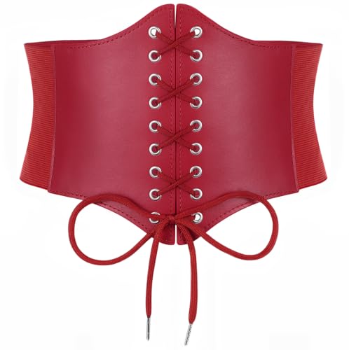 XZQTIVE Red Corset Waist Belt for Women, Wide Elastic Tie Waspie Belt for Dresses 4.7inch