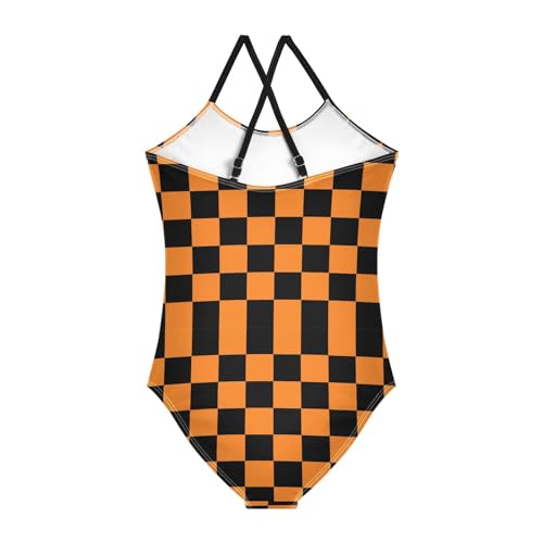 Image of Black and White Chess Girls One Piece Swimsuits Board Marble Tile Sport Halter Swimwear Beach Bathing Suit 3T