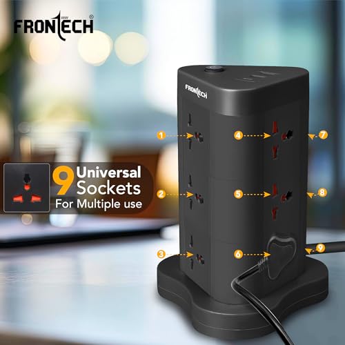 Image of Frontech Power Tower | 9 Universal Sockets | 2 USB Ports + 1 Type-C | 5m Cable | 2500W Load | Child Safety Shutter | Vertical Multi-Plug Extension Board (FT-3564)