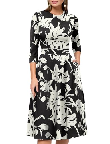 Image of Simple Flavor Women's Floral Vintage Dress Elegant Midi Evening Dress 3 /4 Sleeves