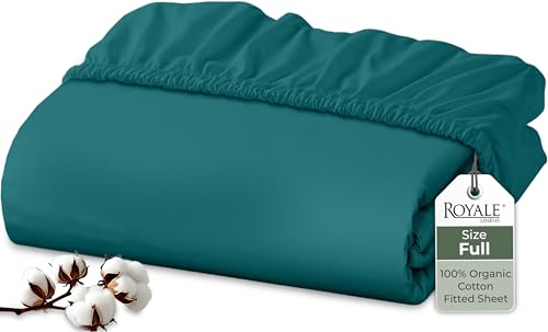 Image of Royale Linens 100% Organic Cotton Fitted Sheet - Percale Weave - Super Soft Deep Pocket Bottom Sheets - Elastic Sheet Full Size - Full Fitted Sheets Only - (54 inchx75 inch+15 inch, Teal)