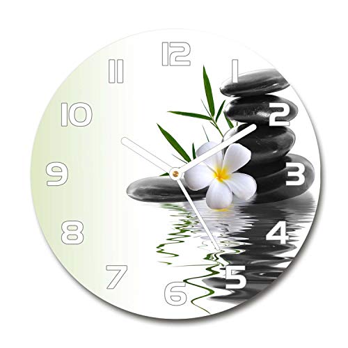 Tulup Horloge en Verre Rond 30cm - Silencieuse sur Pied Salon Design La Mur Impression Verre Sécurité - Aiguilles d'horloge Blanches - Orchidée et Pierres