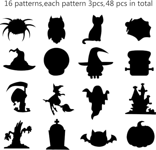 DERAYEE 48 Blätter Halloween Kratzbilder,Kratzmalerei Scratch Art Kits, Rainbow Crafts Magic Scratch mit 12pcs Holzstift und 48pcs farbigen Band Halloween Geschenk für Kinder und Erwachsene