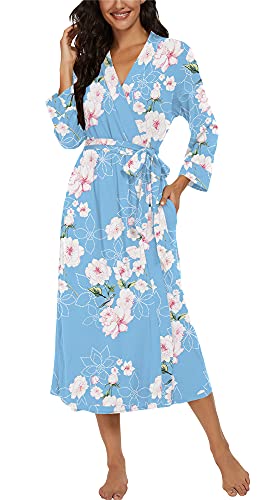 Vintatre Women Kimono Robes Long Knit Bathrobe Lightweight Soft Knit Sleepwear V-Neck Casual Ladies Loungewear Fp-Light Blue-Large #TOP2