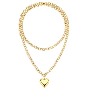 Emibele Gold Puffy Heart Charm Chunky Necklace, Stainless Steel No Tarnish 18K Gold Plated Layered Choker with Love Pendant & Long Chain, Gold Statement Necklace Trendy Jewelry Gifts for Women