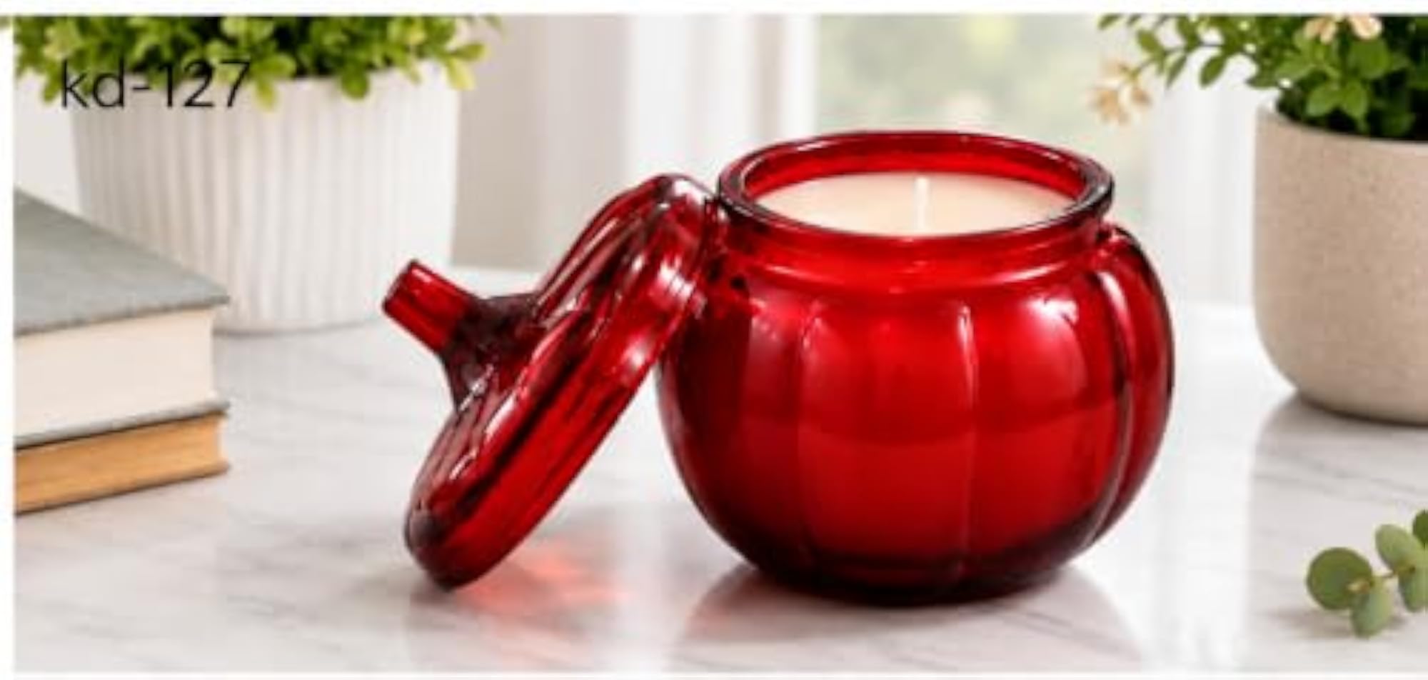 Red Pumpkin Shape Glass Candle Jar with Lid, Decor