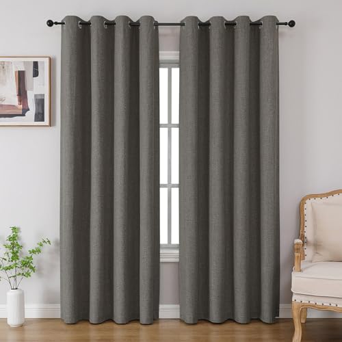 CUCRAF 100% Blackout Curtains 108 inches Length 2 Panels Set, Room Darkening Linen Textured Curtain Grommet for Bedroom Living Room, Light Blocking Thermal Insulated Drapes (52 x 108 Inch,Grey)