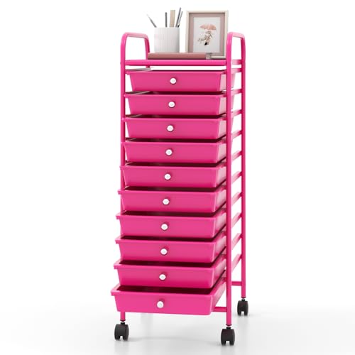 GIANTEX Carro de Almacenamiento 10 Cajones, Estantería con 4 Ruedas (2 con Frenos), Carrito de Plástico con Marco de Metal, Organizador para Oficina, Cocina, Baño, 33x37x86 cm (Rosa)