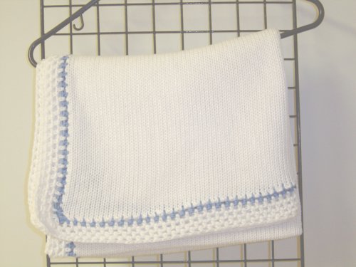 Bk673, Knitted on Hand Knitting Machine Bleached White Cotton 31 Inches By 45 Inches Blanket Trimmed By Hand Crochet with Denim Cotton for Newborns and Infants